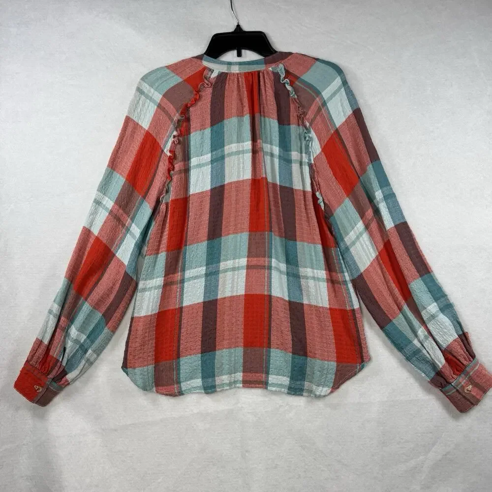 Anthropologie Pilcro Breezy Button down Plaid Blouse Women Medium Red Oversized - Picture 12 of 13